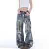 Womens American Retro Graffiti Pocket Wide Leg Jeans High Waist Straight Work Pants Streetwear
