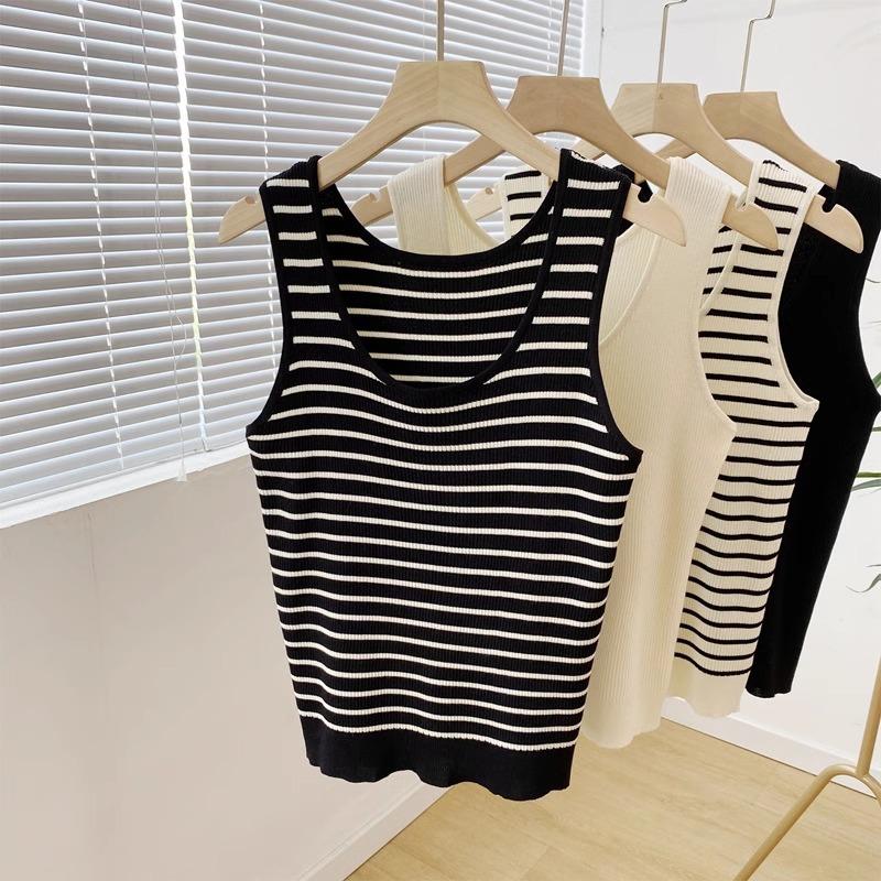 

Полосатый вязаный жилет из ледяного шелка для женской летней верхней одежды, с чувством дизайна, на тонких бретелях и нижний топ внутри One Size