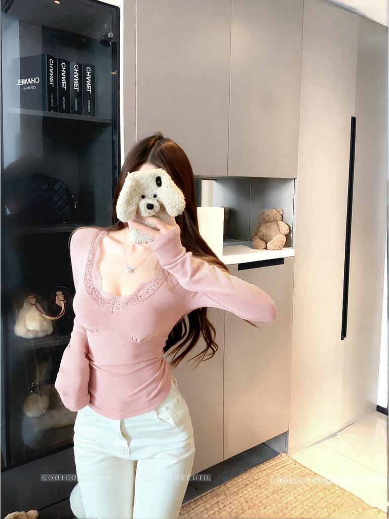 Lace Patchwork V-neck Long-sleeve Slim Fit Winter Top - Women's Sexy Waist-cinching Base Layer