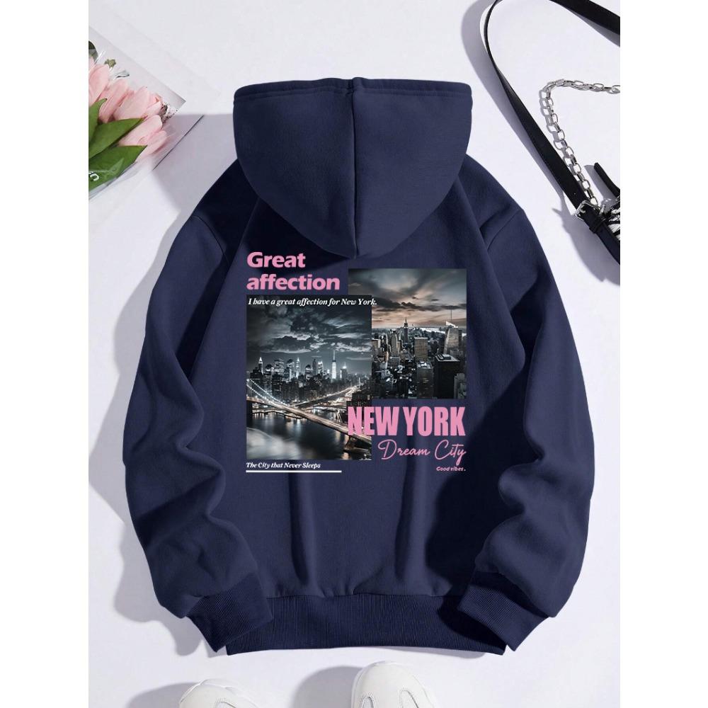 New York Dream City Printed Hoodies Casual Fashion Women Pullover Warm Pocket Sweatshirt Oversize Street Clothes