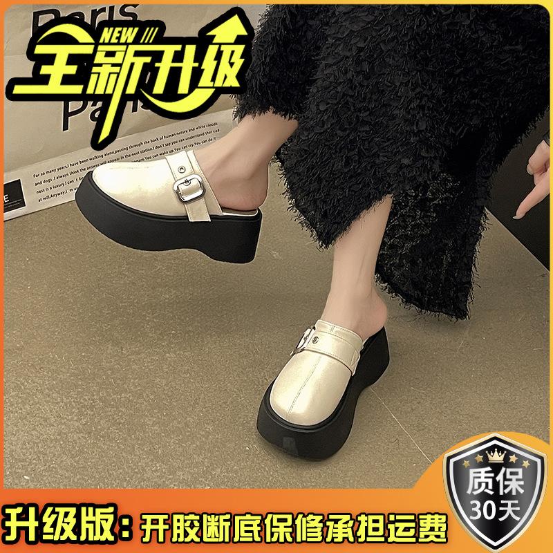 French belt buckle non-slip bag head half slippers women's 2025 new summer heightened thick bottom outer wear one pedal sandals tide