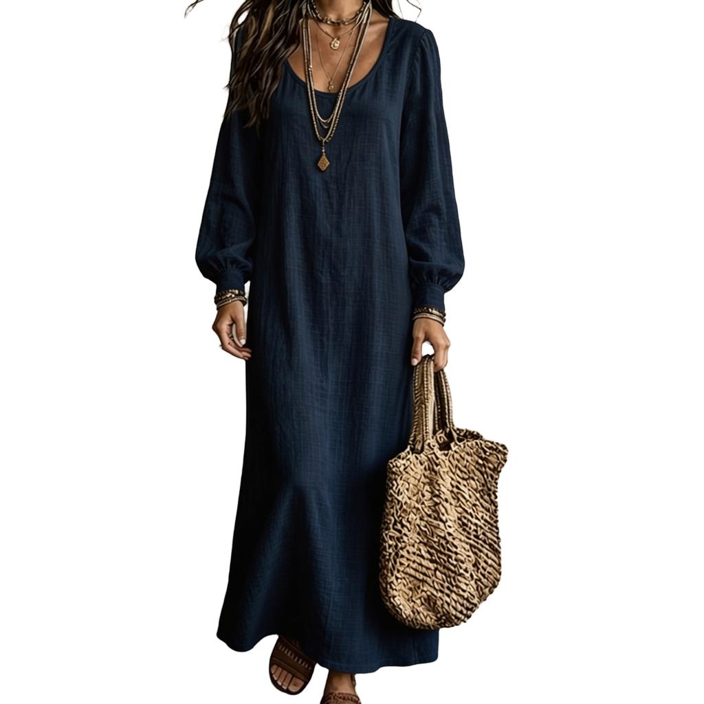 Women's Casual U Neck Long Sleeve Color Maxi Dress for Vacation and Summer