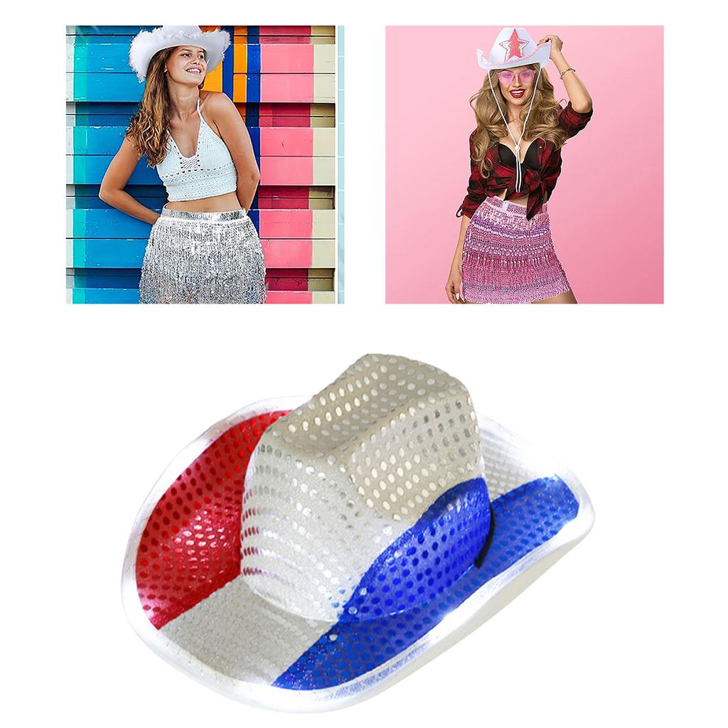 Light Up Cowboy Hat WesternStyle Sequins Hat US Flag Color LED Cowgirl Hat Adjustable Flashing Fedora Costume Accessory