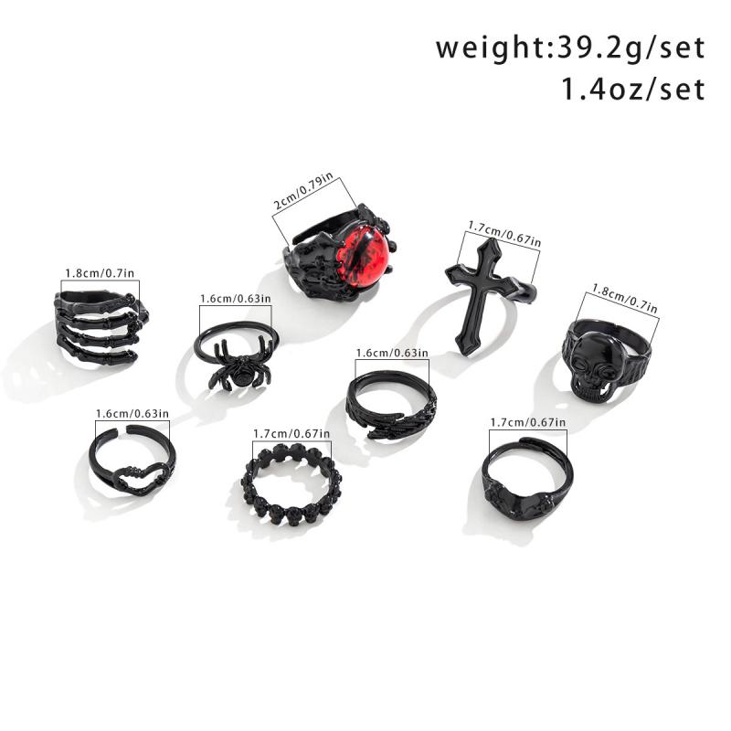 9 Stück/Set Goth Schwarze Teufelsauge Totenkopf Spinne Handflächenringe für Damen Vintage Kreuz Jesus Herzringe Halloween Schmuck Geschenk Neu