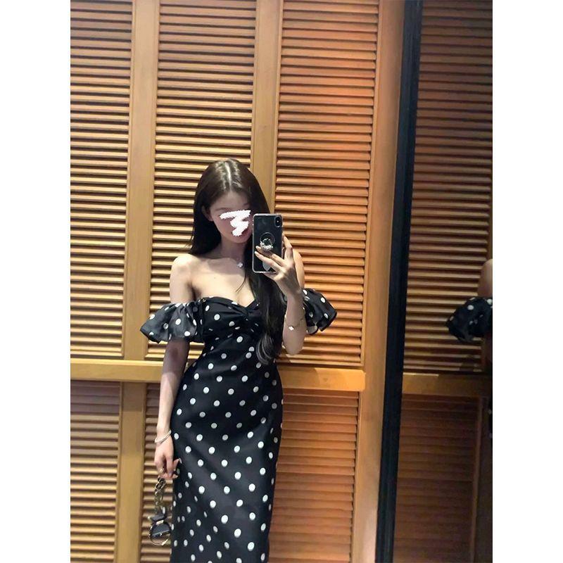 French Temperament One-word Shoulder Polka Dot Slim Tube Top Dress Summer Pure Desire Suspender Dress Waist Skirt Long Dress