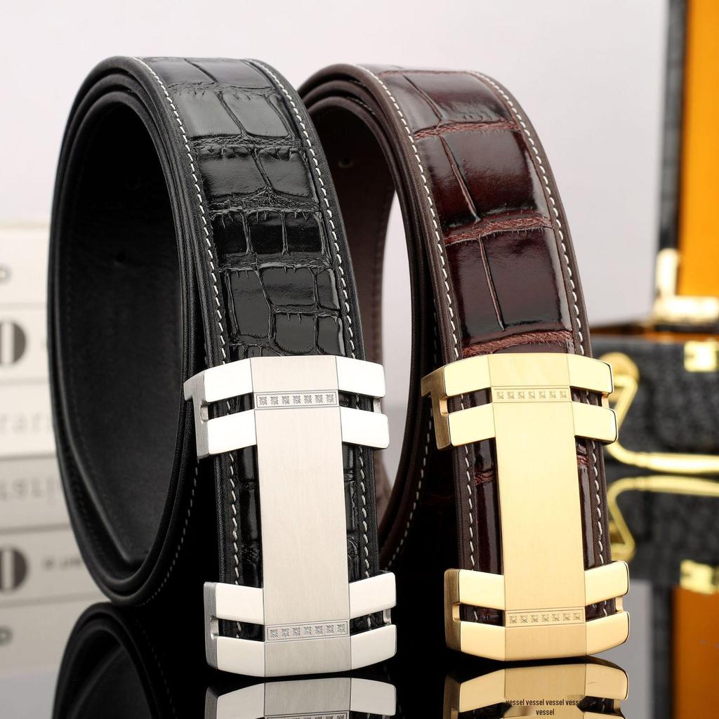 Men's Leather Belt with Crocodile Grain, 3.8 cm Wide Cowhide and Stainless Steel Smooth Plate Buckle