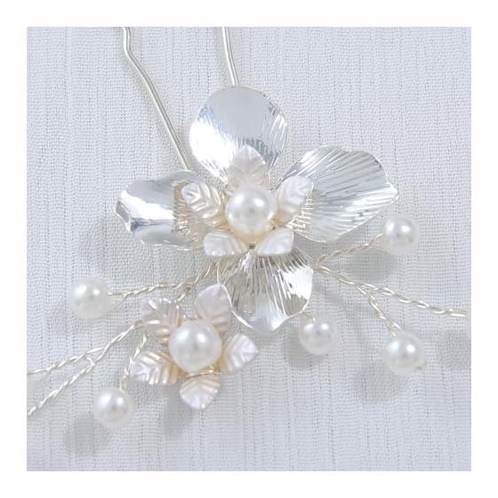 Hair Accessories Set - Leaf and Flower Motif Pearl U-Pins for Bride, Handmade Wedding Hair Jewelry, Silver
