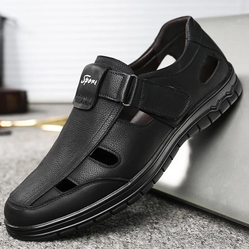 Fashion Summer Genuine Leather Mens Sandals Breathable Hollow Out Classic Mens Flat Sandals Solid Rubber Leather Male Casual Sandals785