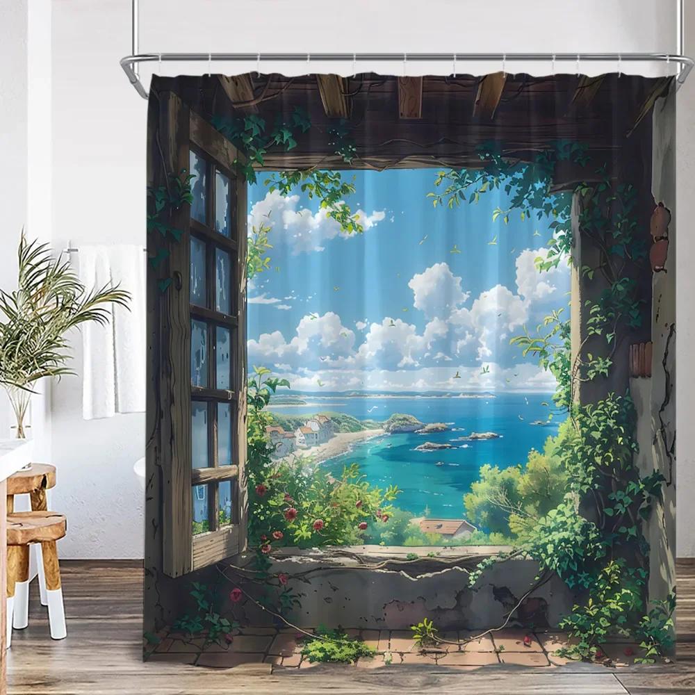 Beach Shower Curtain Seaside Landscape Outdoor Scenery Summer Vacation Bathroom Decor Holiday Polyester Bath Curtain with Hooks