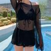 3 Pcs/Set Women Swimsuit Spaghetti Strap Halter Neck Solid Color Pullover Beach Cover-up for Holiday