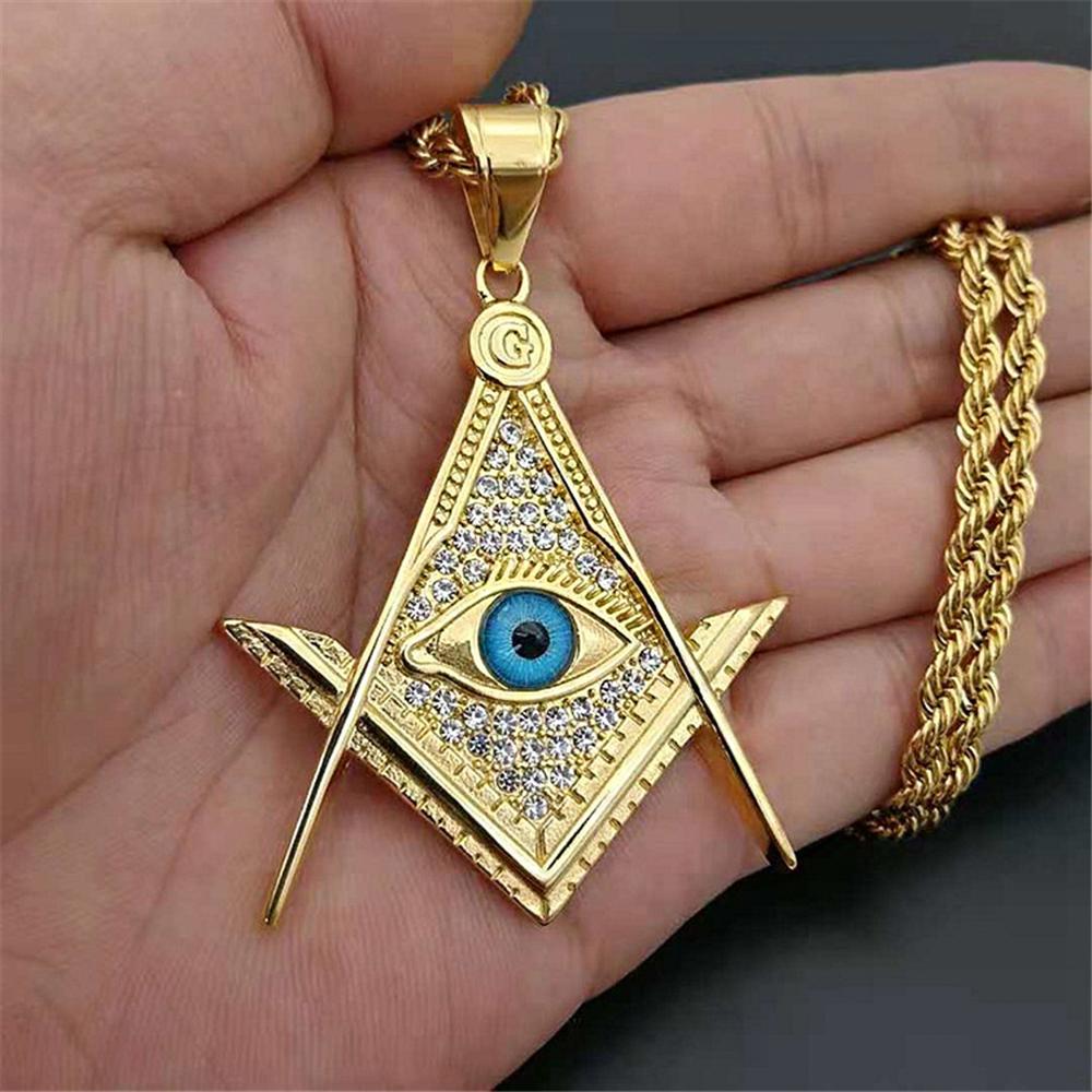 Hip Hop Iced Out Freimaurer Allsehendes Auge Anhänger Halskette Männlich Goldfarbe Edelstahl Kette Für Männer Freimaurer Freimaurer Schmuck