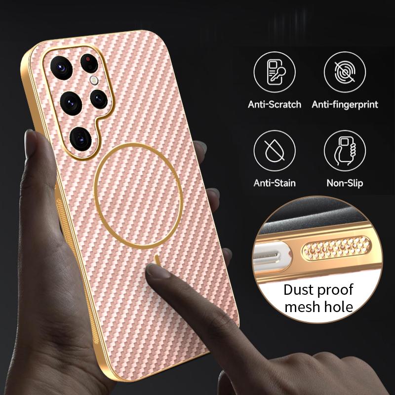 For Samsung Galaxy S22 Ultra 5G Phone Case Carbon Fiber Textured Electroplated TPU Back Cover