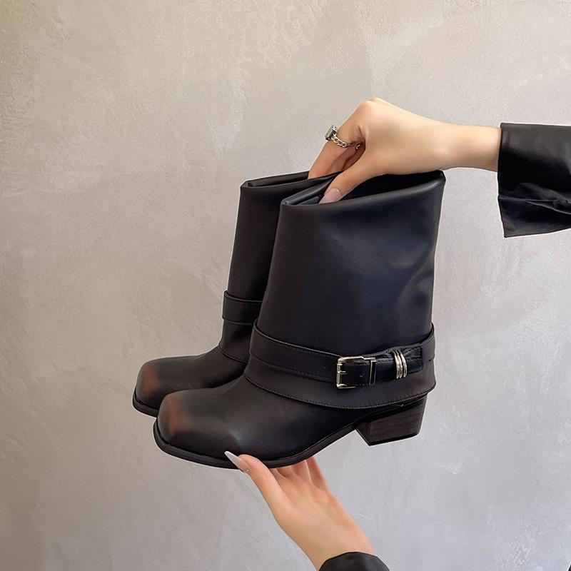 Square Toe Women Western Cowgirl Boots Fashion Belt Buckle Shoes Autumn Winter Thick Heel Ladies Knight Short Booties