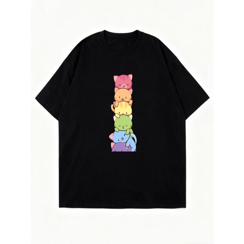 Übergroßes T-Shirt Schwarz Niedliche Katzen Stapel Print Freizeitkleidung Für Damen