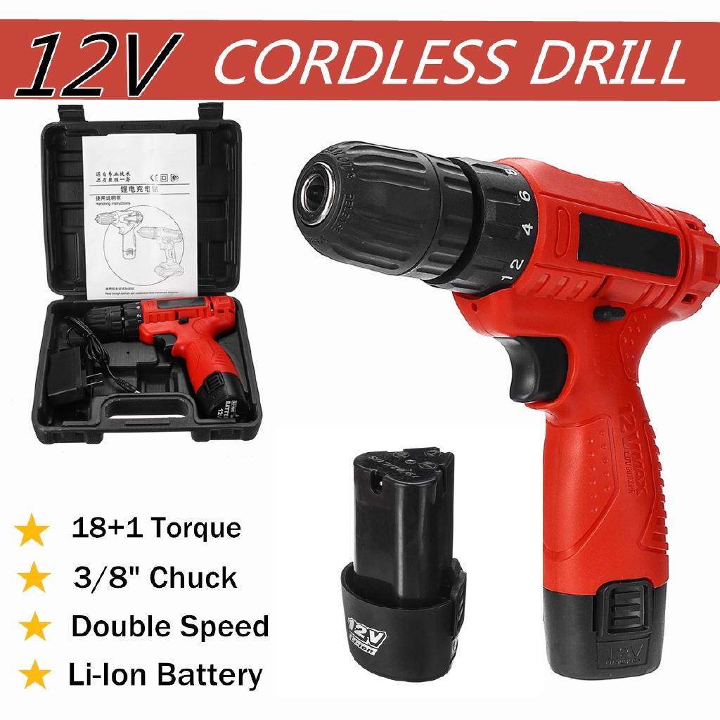 12V Electric Cordless Drill Screwdriver Hand Drill 2 Speed 18+1 Torque Adjustment Li-Ion Battery Rechargeable Power Tool