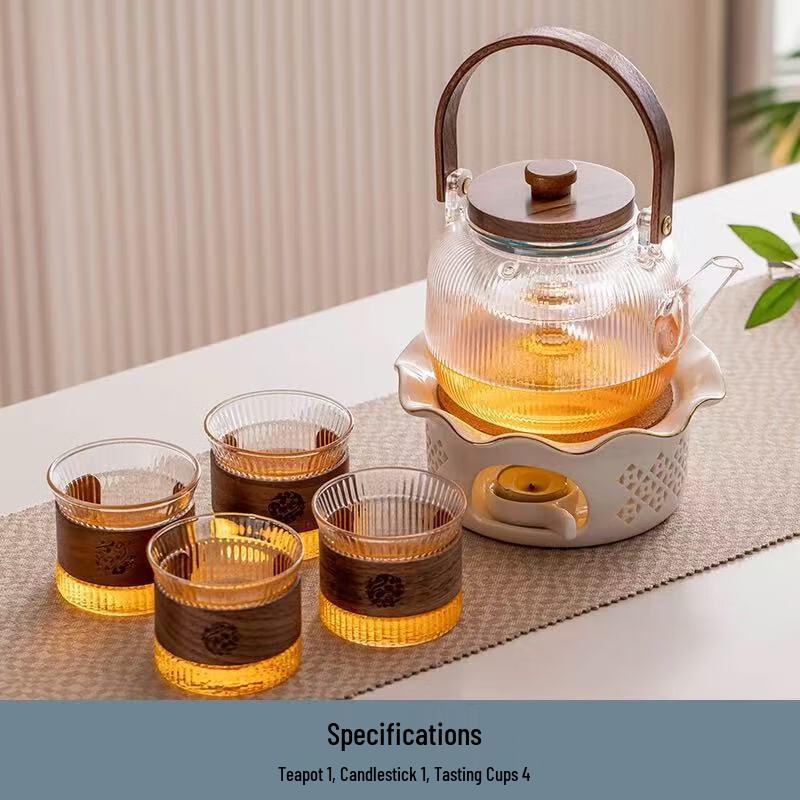 Japanese Style Vertical Stripe Glass Teapot Warmer Set