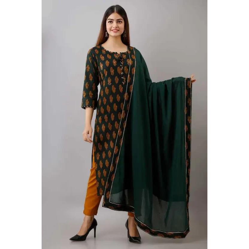 Women Pure Cotton Kurta Pant Dupatta Set Indian Pakistani Top Tunic Kurti Dress VF-20215
