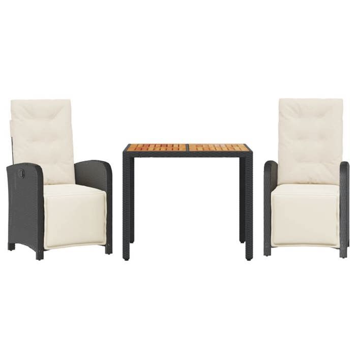 VidaXL Ensemble de Bistro avec Coussins 3 pcs, Chaises et Table de Patio, Meubles de Terrasse Extérieur, Moderne, Noir 3212468