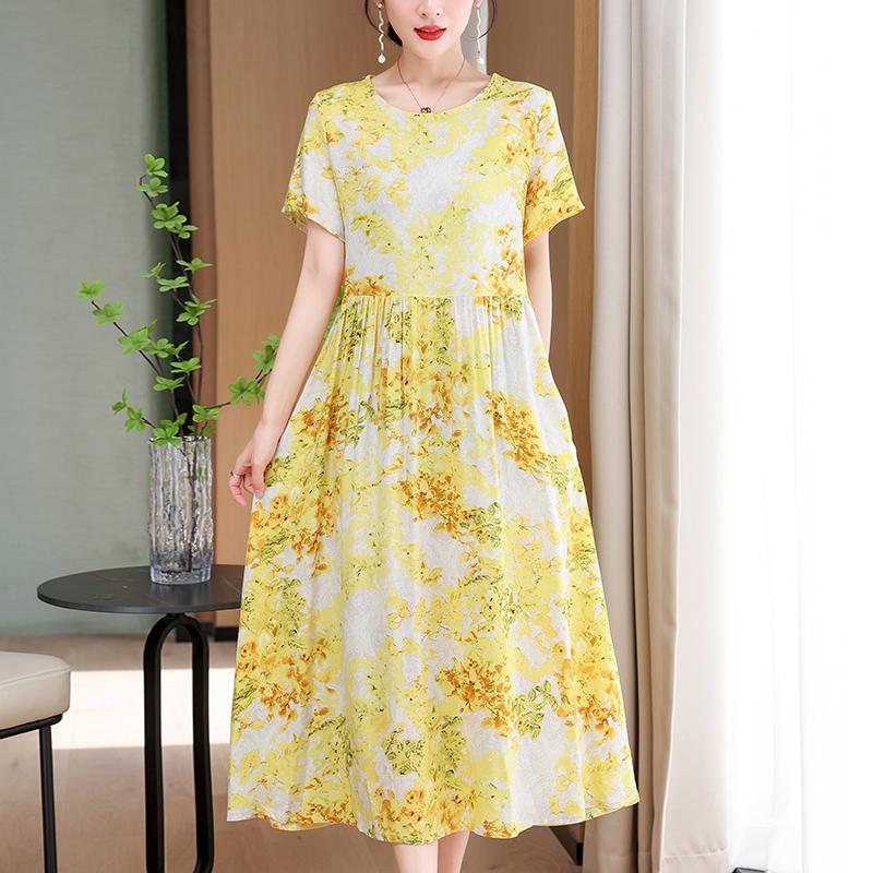 Elegant Long Dresses Women Summer Casual Short Sleeve Vintage Dress Korean Style O-Neck Female Clothing
