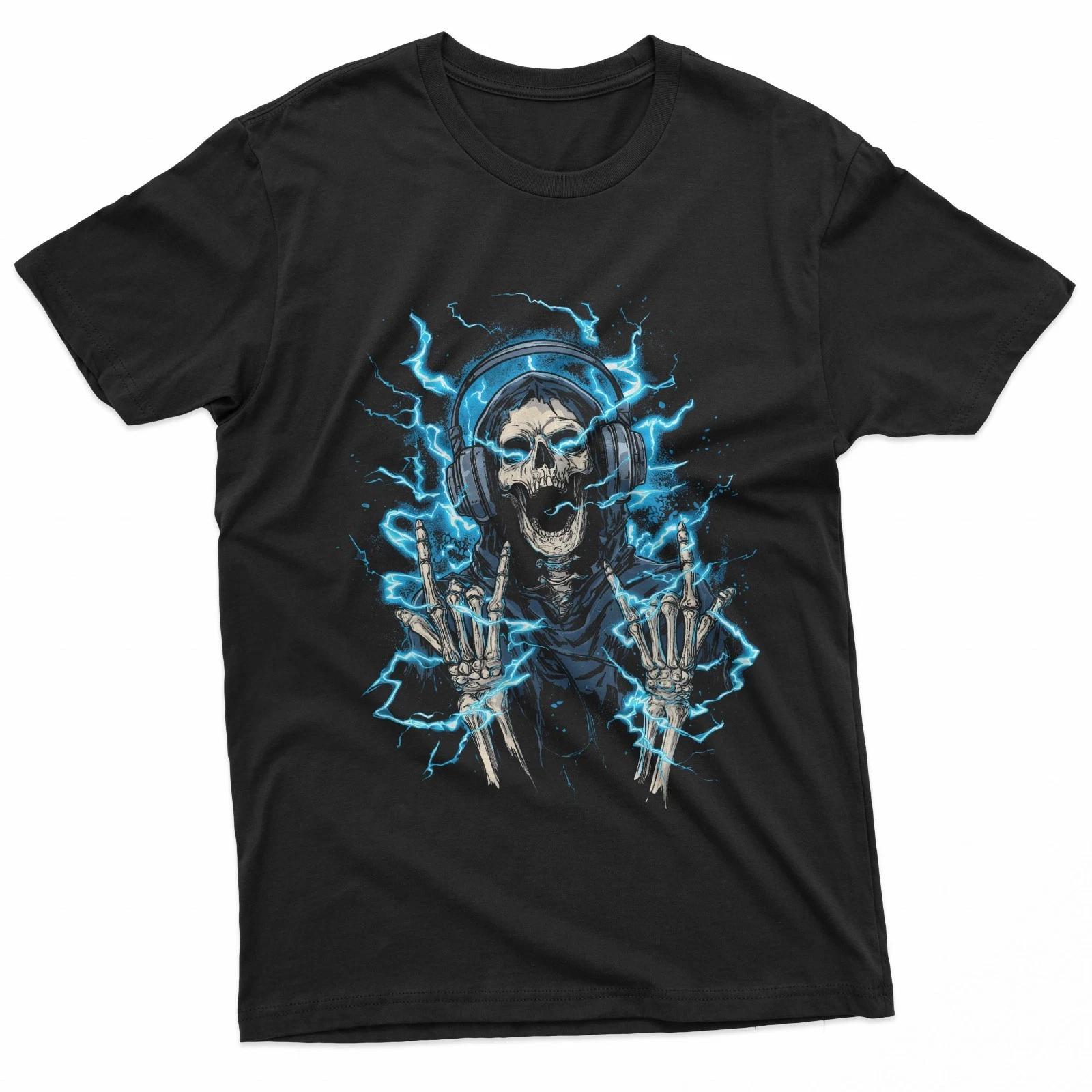 Y2K Gothic Emo Skull Electric Skeleton Dj Headphones 100% Cotton T-shirt Mens Tees Top S