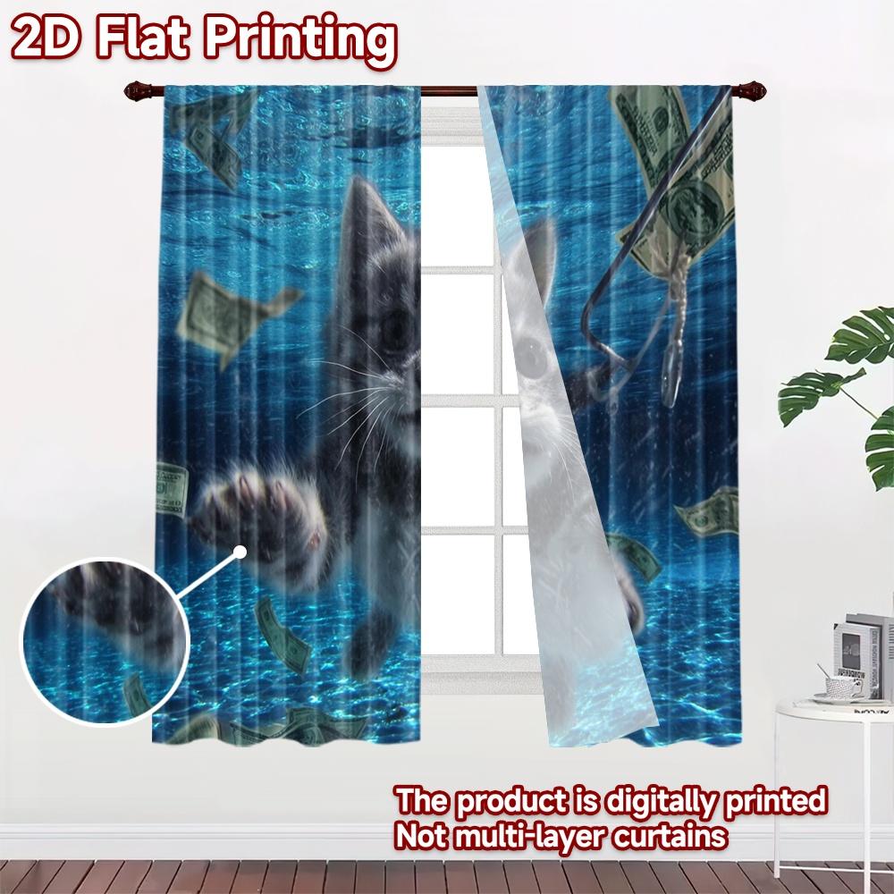 2D flat printing 2pcs Window Curtains Cat Money Underwater Fishing Digital Printed Polyester Drapes Seasonal Party & Holiday