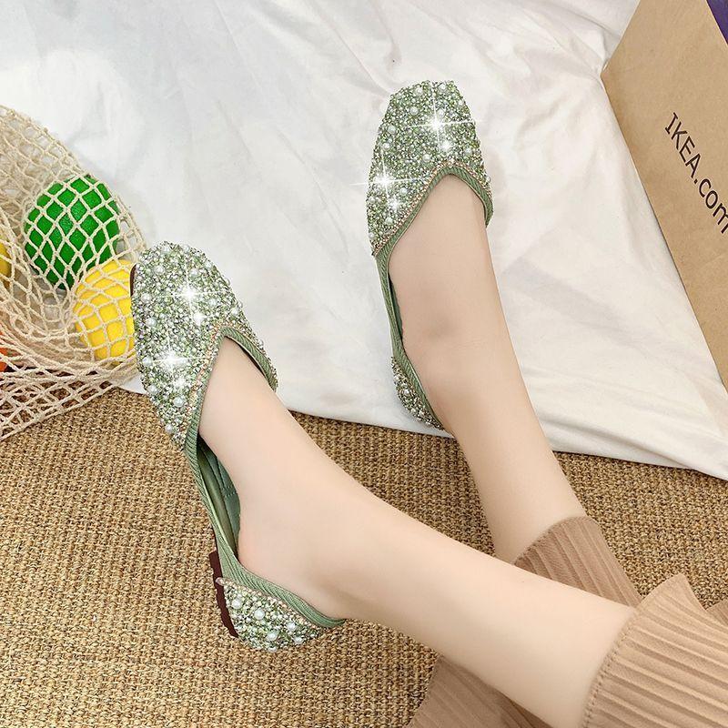 Fashion sparkling rhinestone shallow mouth square head single shoes versatile flat-bottomed temperament women's shoes 2025 spring and summer new model
