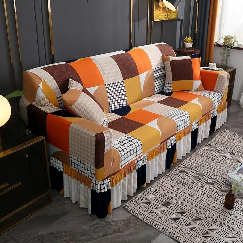 Capa de sofá elástica simples estilo saia inclusiva antiderrapante decoração de sala de estar capas de assento