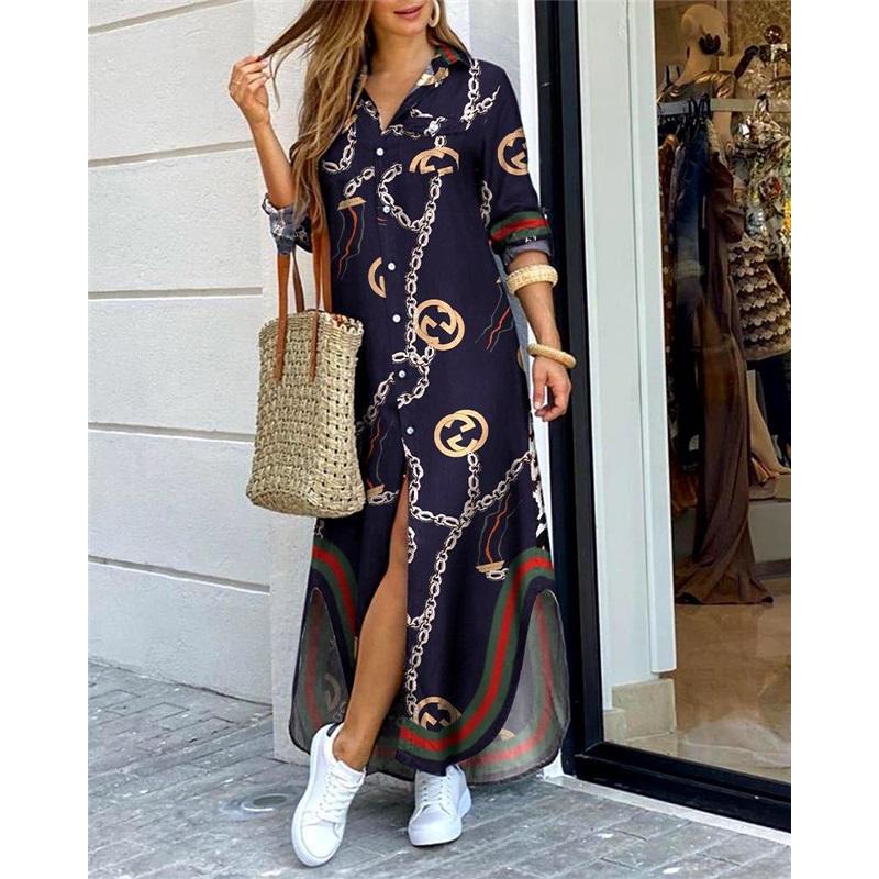 Women's Summer New Style Long-sleeved Casual Shirt Skirt Long Printed Split V-neck Large Size Loose Dress
