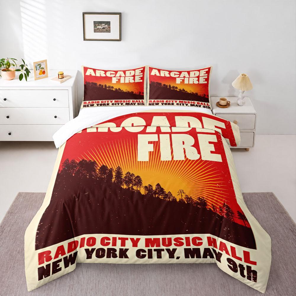 Arcade Fire Radio City Concert Poster Bedding Set, Red Orange Sunset Forest Art Print Duvet Cover, Indie Rock Music Fan Bedroom Decor