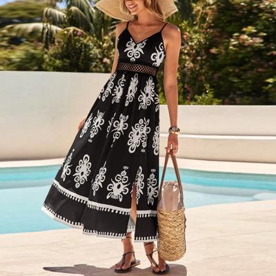 Women's Fashionable V Neck Sleeveless Retro Printed Hem Slit Suspender Dress