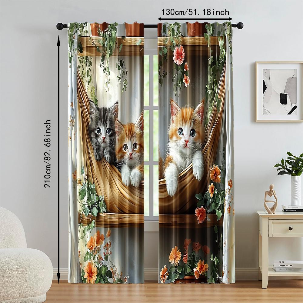 Versatile Polyester Transparent Curtains Home Decoration Fun Animal Cat Use Bedrooms Living Rooms Curtain Set Of 2 Made Washable Room Ready