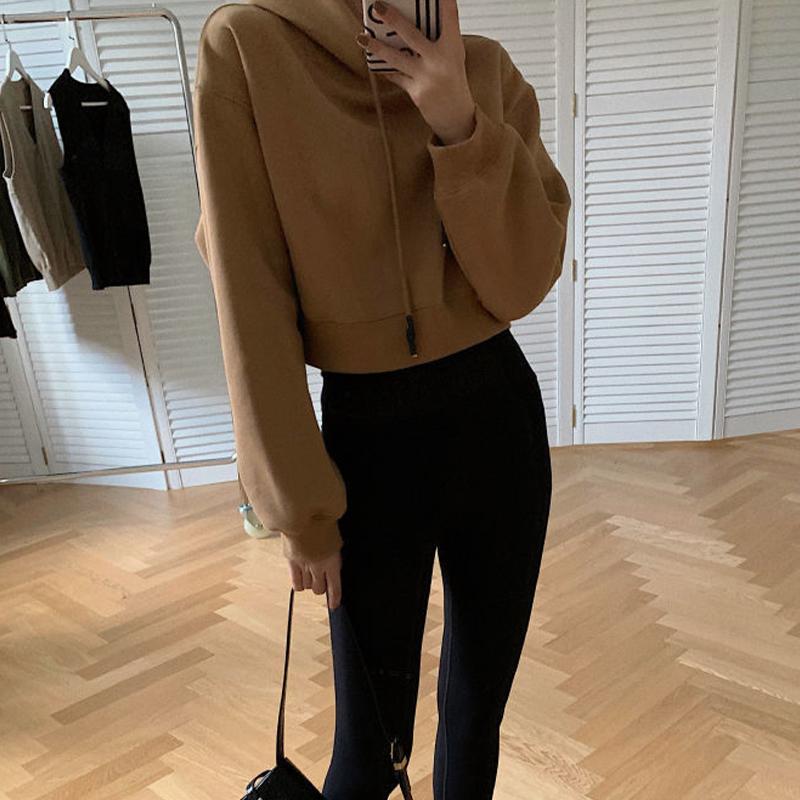 Lässiges Top, lockeres, langärmliges Fleece-Kapuzen-Kurz-Sweatshirt