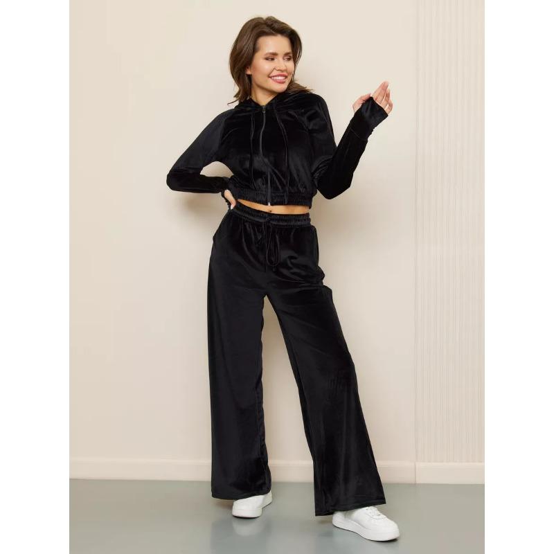 Women Casual Solid Color Zip Up Hooded Sweatshirt Wide Leg Pants Two Piece Set