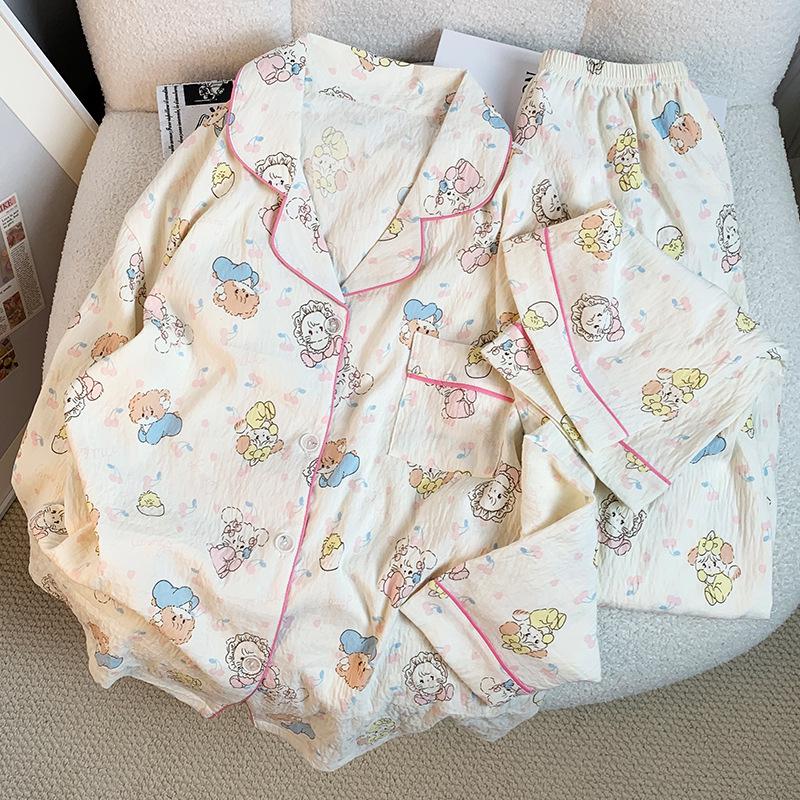 Japanese-Style Cute Cat Print Cotton Pajamas for Women, Long-Sleeved Home Set for Spring & Autumn