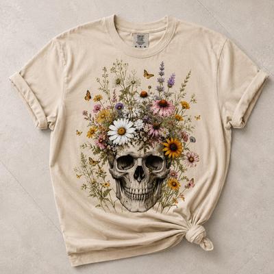 Floral Skull Shirt, Botanical Wildflower Daisy Graphic Tee, Unisex Cotton T-Shirt