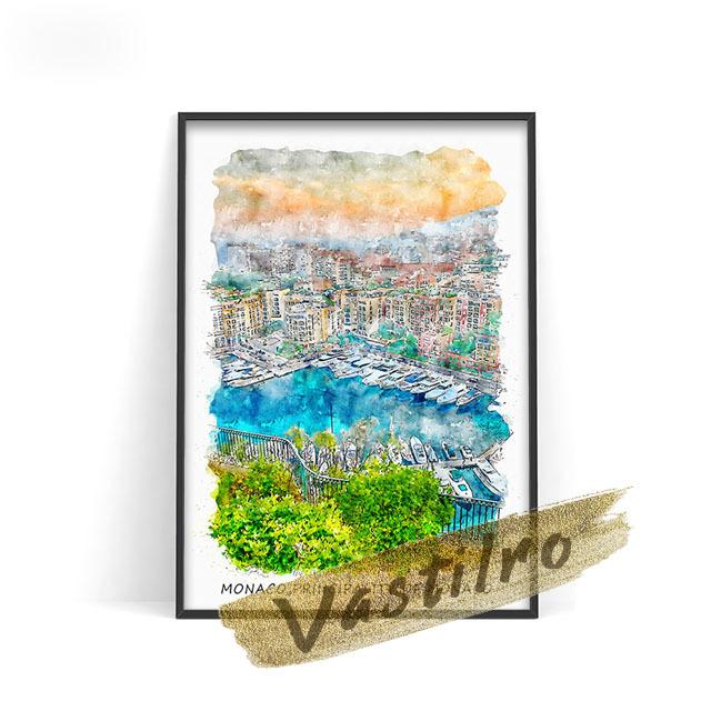 World City Tourism Krajina Akvarel Plakát Dubaj Amsterdam Monako Umělecká reprodukce