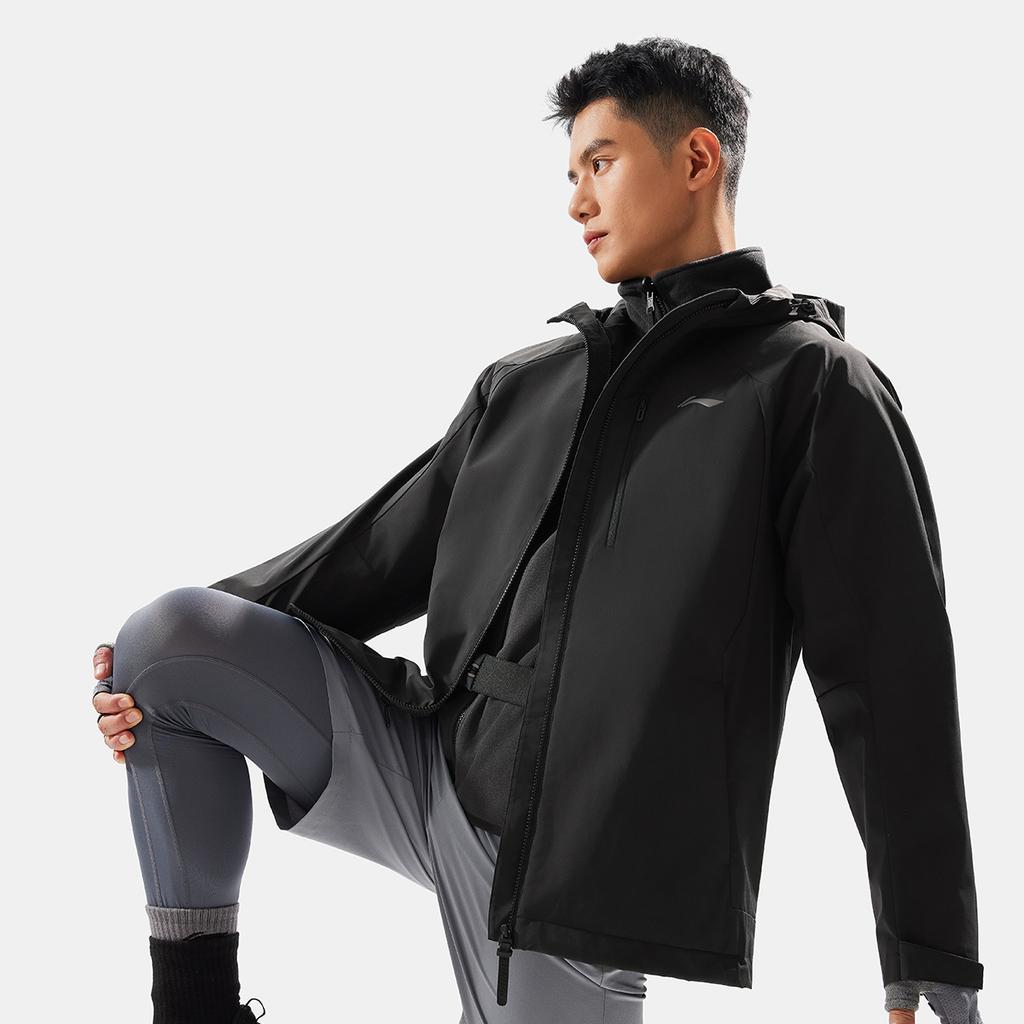 Li-Ning Fitness Series Solid Color Zipper Hooded Comfortable Breathable Fleece Three-In-One Warm Water-Resistant Jacket Men Jacket Black AWBU009-1