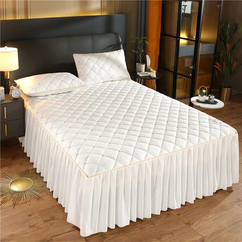 Luxury Quilted Bed Skirt Winter Warm Thicken Velvet Bedspread King Good Hand Feeling Bed Cover Not Included Pillowcase