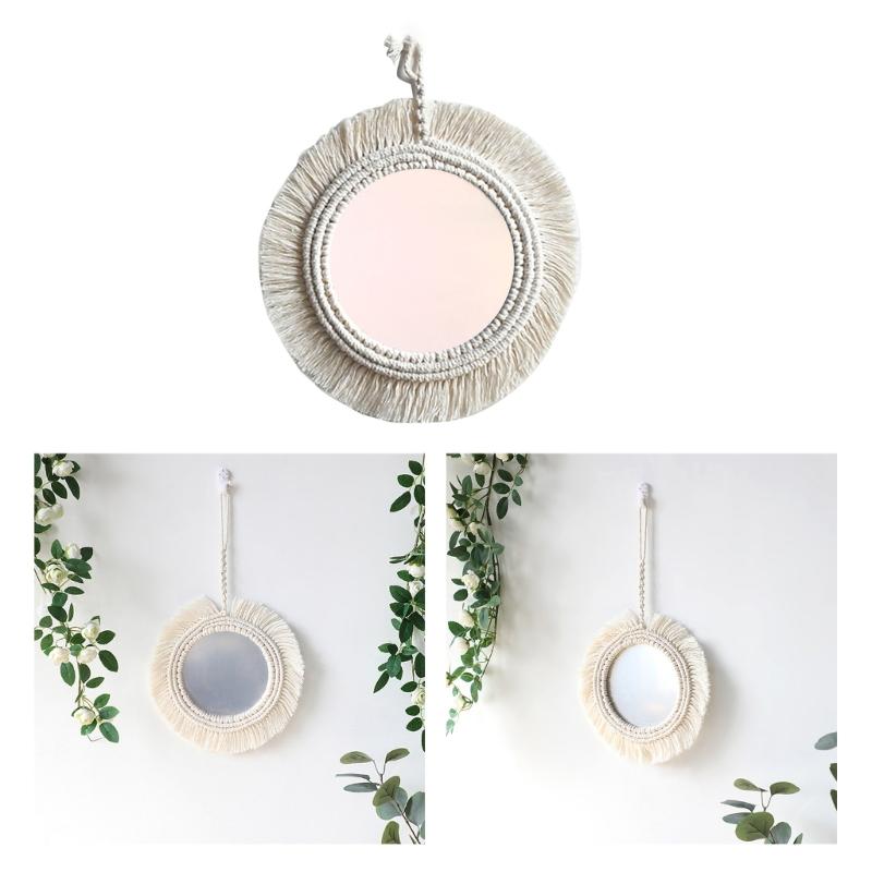 Bohemian Wall Mirror Macrame Fringes Tapestry Round Hanging Mirrors for Bedroom Apartment Entryways Home Decorations