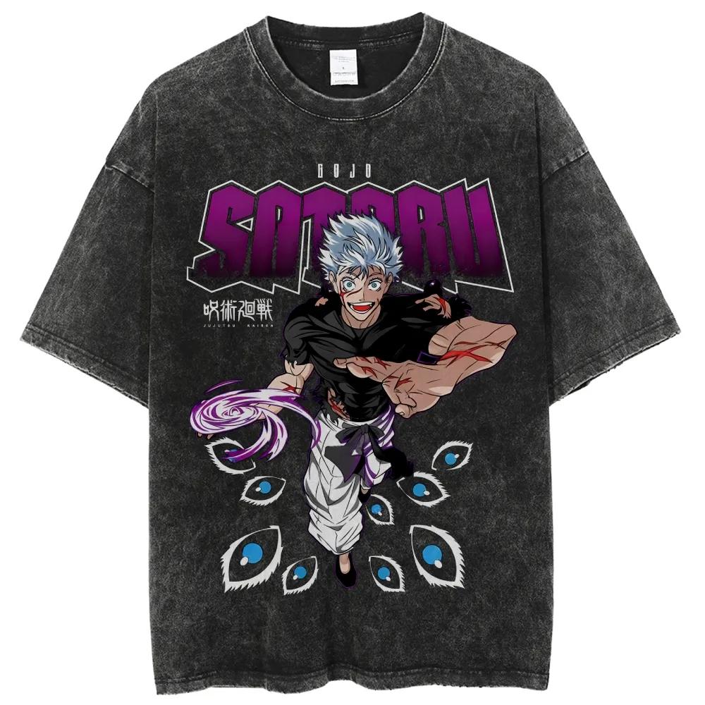 Satoru Gojo Hollow Purple T-shirt Jujutsu Kaisen Six Eyes Tee Vintage Washed Oversized Retro Anime Men Streetwear Graphic Tops M