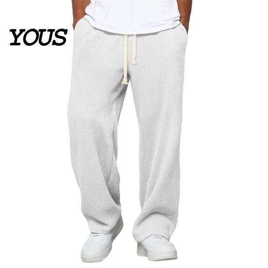 Soft Polyester Streetwear Men Waffle Baggy Trousers, Wide Leg Drawstring Waist Slacks, Loose Fit Relaxed Travel Pants Casual Sweatpants with