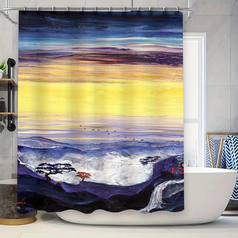 Multicolored Watercolor Landscape Shower Curtain For Bathroom Decor Modern Style With Red Tree And Mountain Design (This Title M