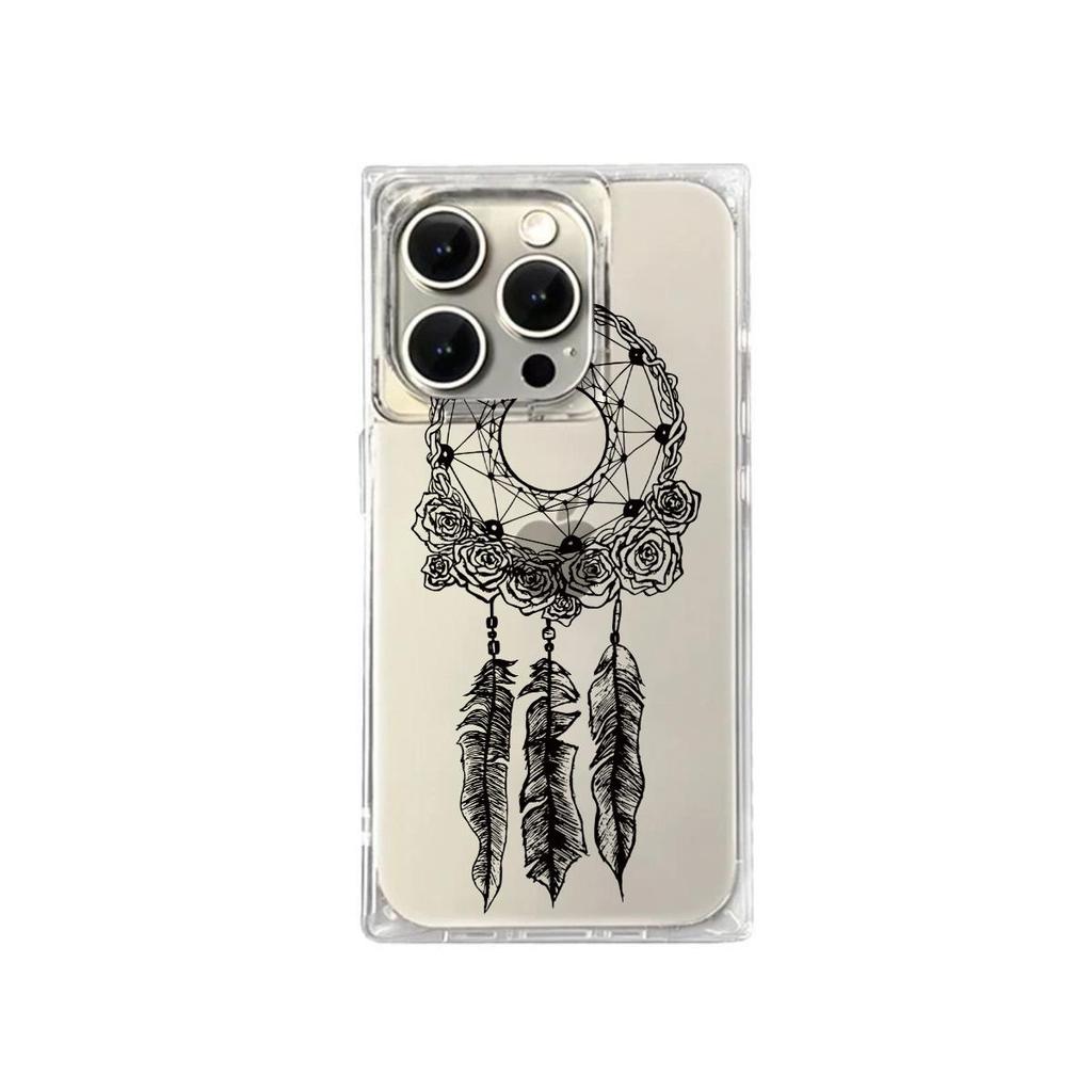 Clear Square Back Tube Case Protection For iPhone 12 15 Plus 11 14 Pro Max 13 16 ProMax Anti-Oxygen,Black Floral Feather Wreath Pattern Casing
