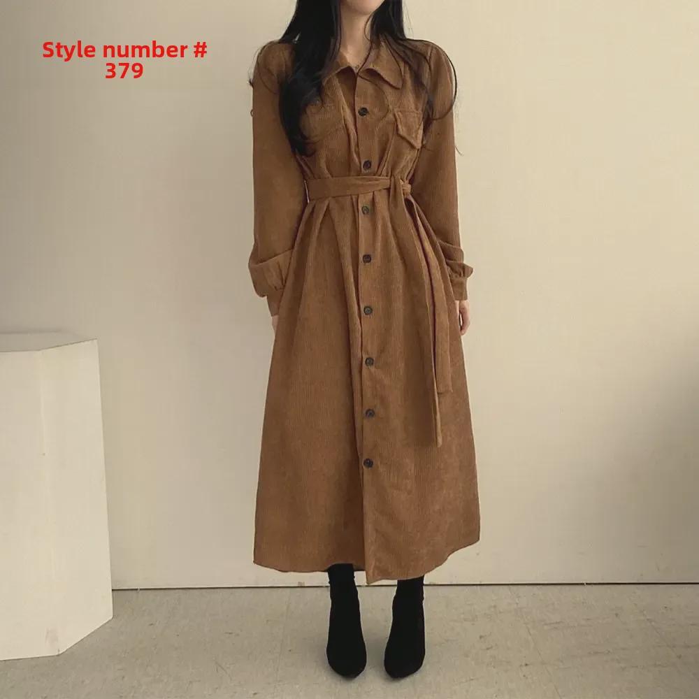 Korean Chic French Retro Corduroy Lapel Tie-Waist Long Dress for Women