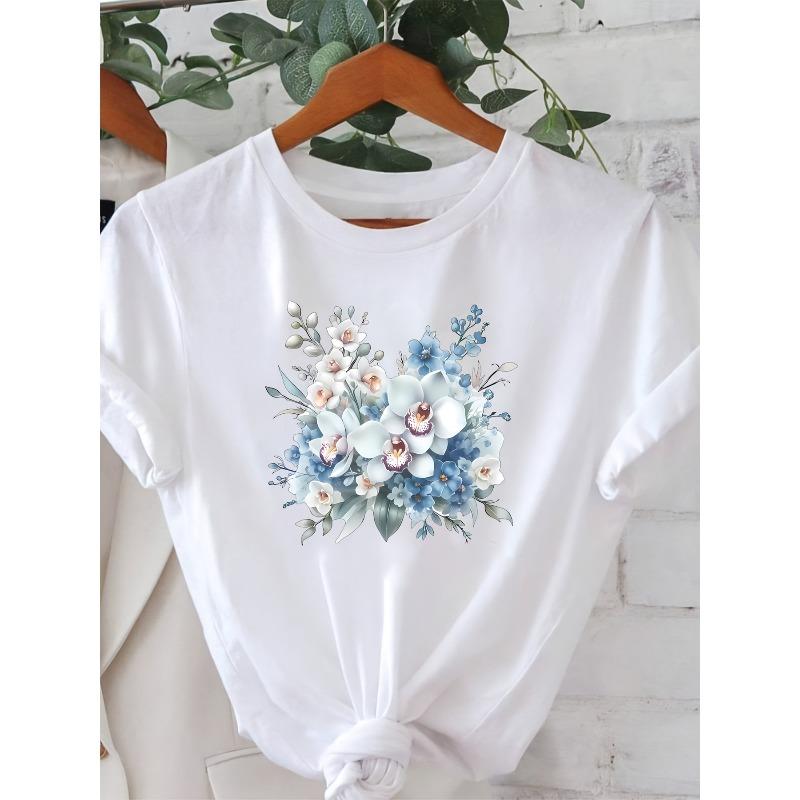

Plus Size - Plus Size - A Stylish And Casual Round-Neck T-Shirt for Women, Featuring a Gentle Floral Print, Perfect for Spring And Summer. S белый