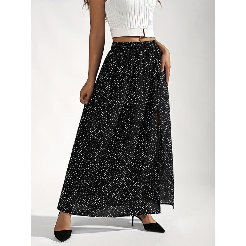 2024 Autumn High-Waisted Slit Polka Dot Midi Skirt - Elegant Slimming Design