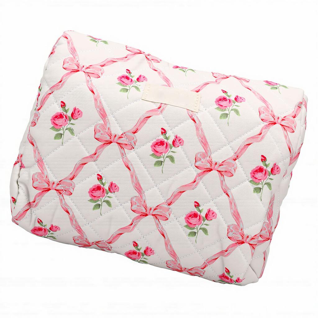 Cosmetic Bag Floral Bow Print Pattern Machine Washable 3.2L Quilted Cotton Makeup Bag for Travel Toiletries