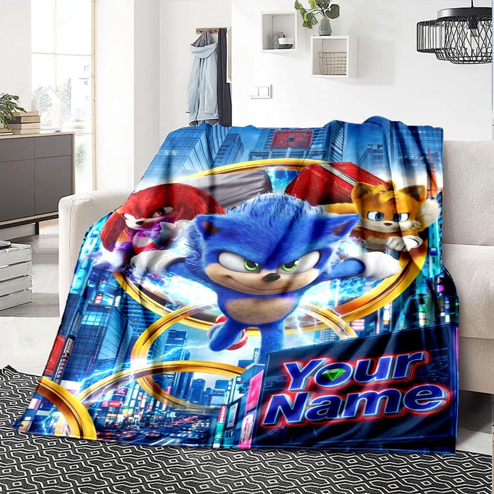 Name Custom Blue the Hedgehog Print Flannel Blanket High Quality Warm Comfortable Cover for All Seasons Perfect for Gifts Home Decor