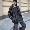 מעיל אופנוענים לנשים אביב וסתיו עם רוכסן Streetwear מעיל רפוי לנשים מעיל עור רטרו לנשים ארוך