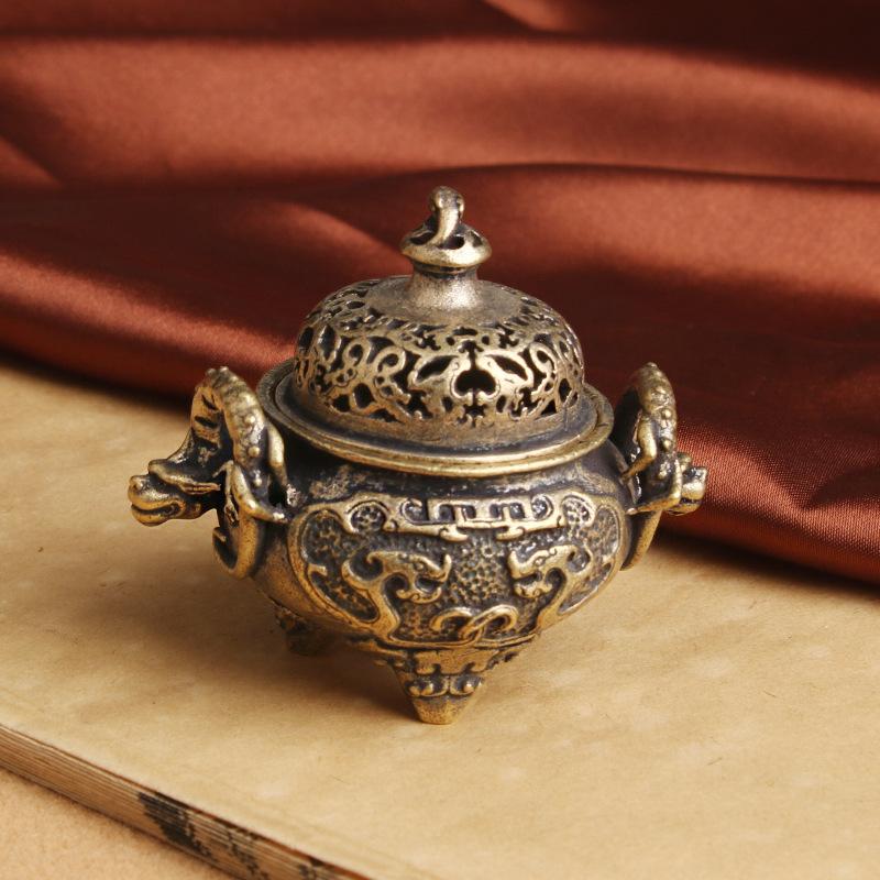 Brass Antique Style Chilong Sandalwood Incense Burner Home Decor Double Dragon Three-Legged Cauldron Feng Shui Ornament Wholesal